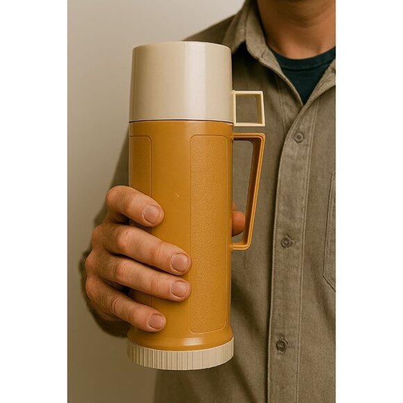 Vintage Thermos Brand Glass INSIDE Travel Coffee Container Harvest Gold Cup Lid - Picture 16 of 16